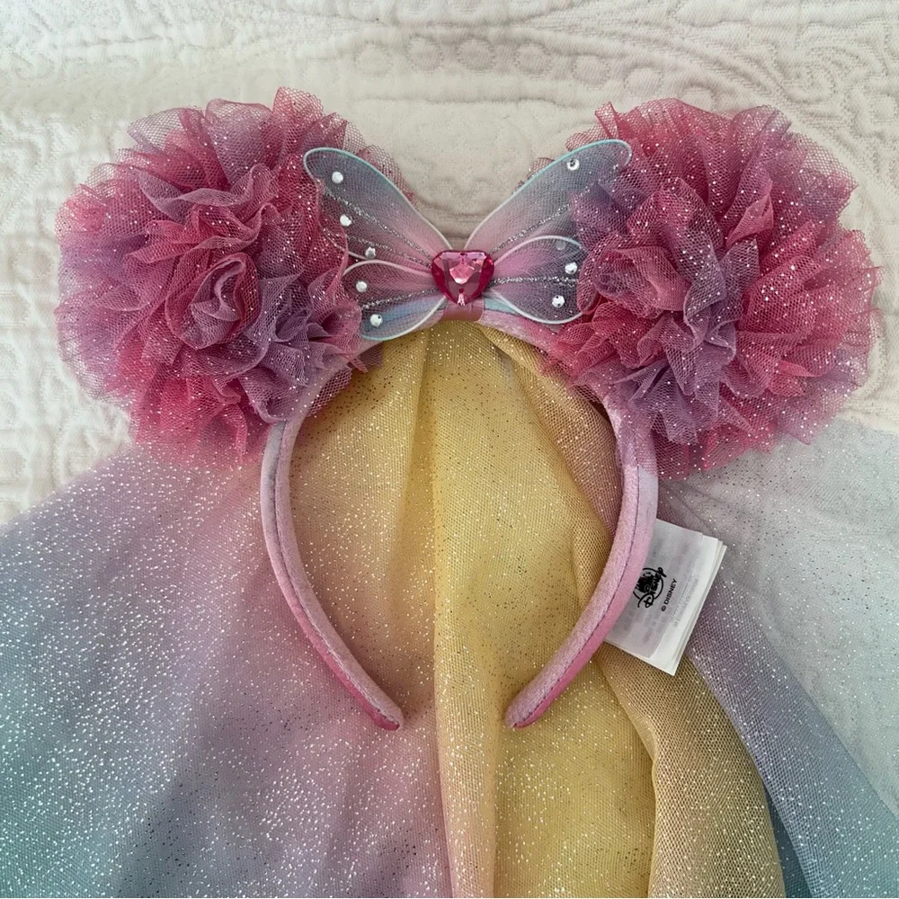 Disney mouse ears headband Pastel Rainbow Tulle Cape with Pom Poms EUC